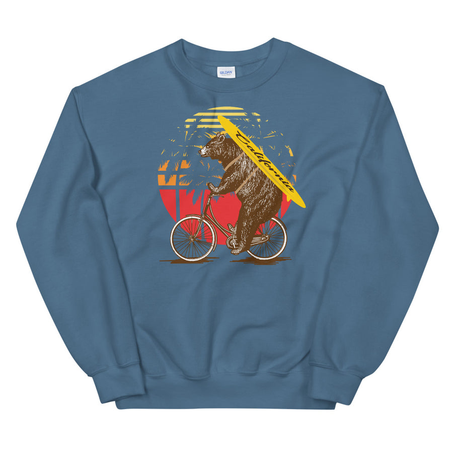 California Surfer Bear On Bike - Women's Crewneck Sweatshirt